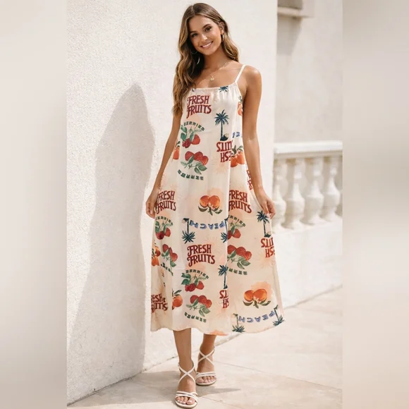Fresh Fruits Print Cream Dress - Picture 1 of 8